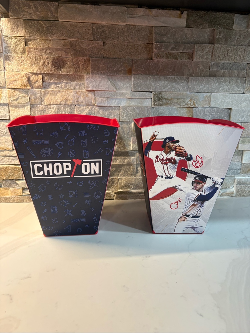 Chop On Red & Navy Popcorn Tubs - Chop On Branded Snack Buckets